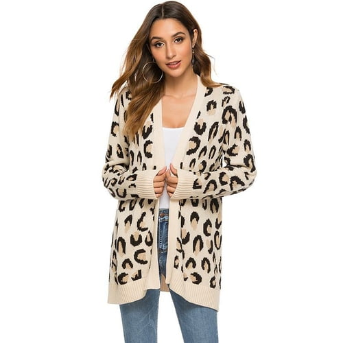 Women's Long Sleeve Open Front Leopard Knit Sweater Coat