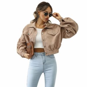Fashion Women Corduroy Lantern Long Sleeves Lapel BF Style Jacket