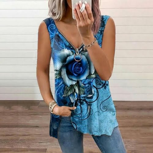 Women's V-neck Zipper Rose Flower Print Top