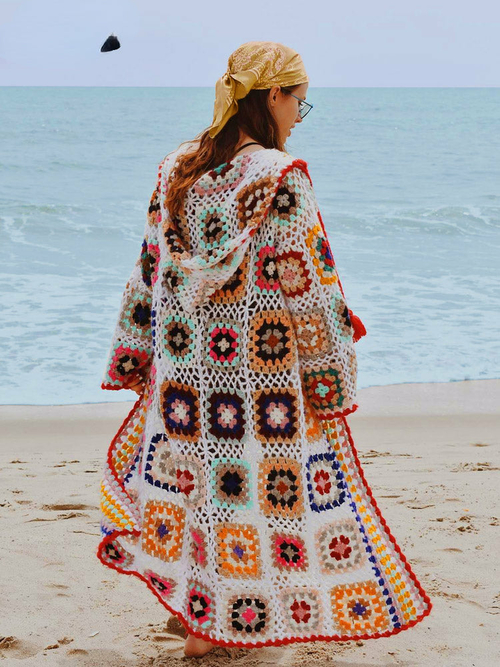 Multicolor Handmade Crochet Hooded Cardigan