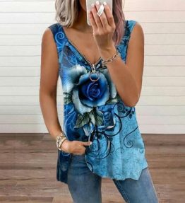 Women's V-neck Zipper Rose Flower Print Top